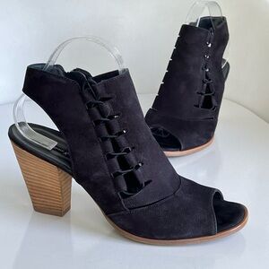 Paul Green Mindy Edgy Block Heel Black Suede Peep Toe Sandals Heels Size 10